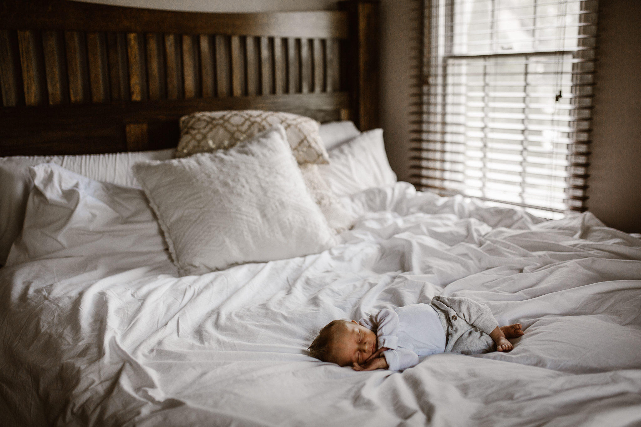 Baby boy sleeping on his parent's bed in the window light.